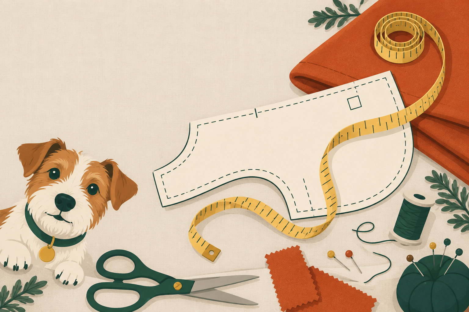 Table de couture avec un patron papier de manteau pour chien, un mètre ruban et une chute de tissu
